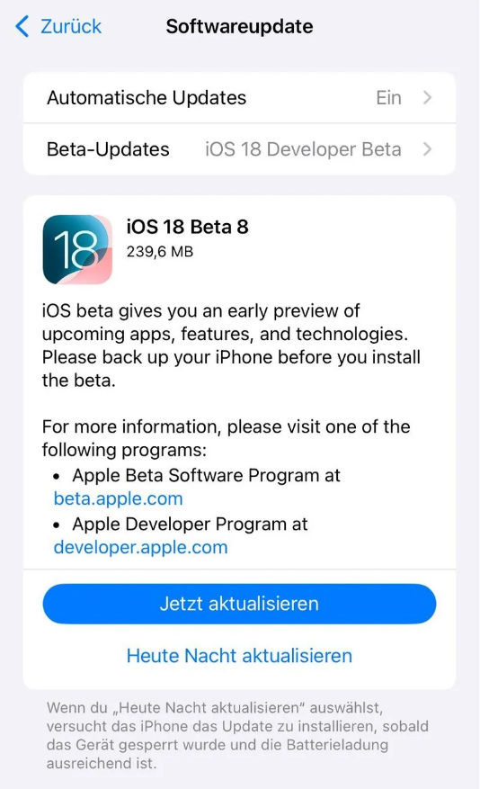 临淄苹果手机维修分享苹果 iOS / iPadOS 18 开发者预览版 Beta 8 发布 